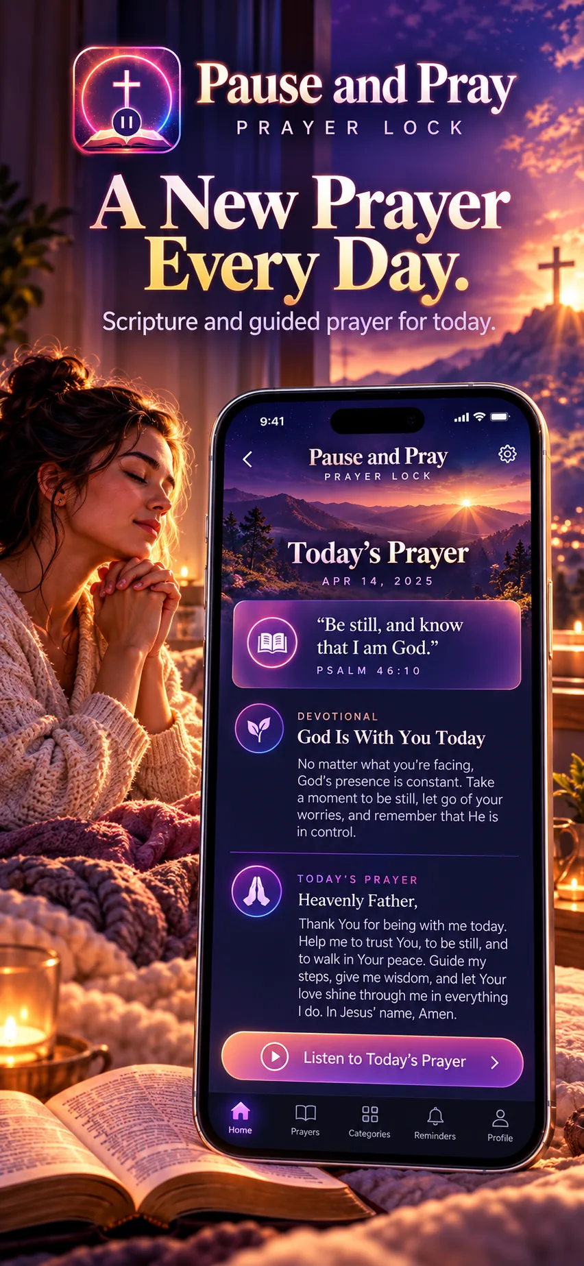Woman praying with the daily prayer screen